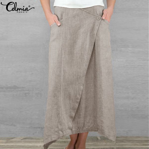 

celmia 2019 spring summer maxi skirt women retro long skirt casual loose pockets asymmetrical linen skirt jupe saia femme faldas, Black;gray