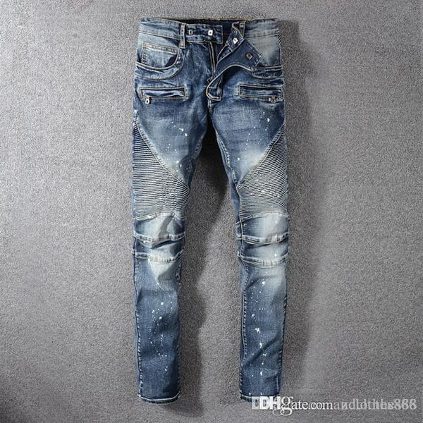 

2020 новые мужские джинсы дизайнер марка проблемные ripped дизайнер брюки тонкий мотоцикл байкер денима джинсы мода джинсы налить hommes муж, Blue