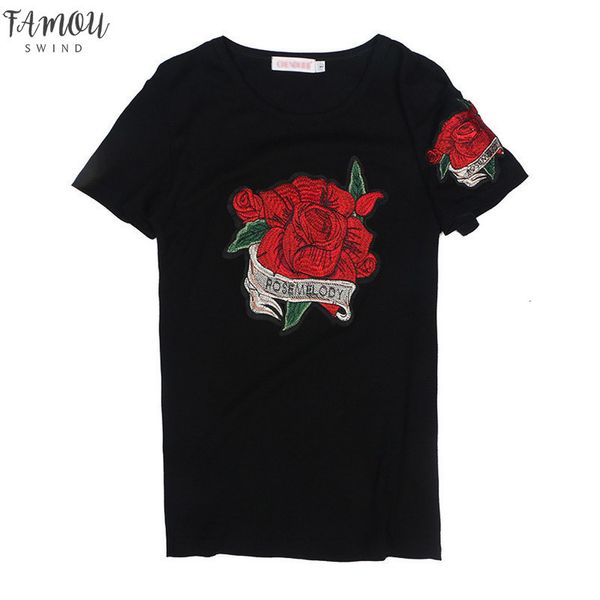 

rose embroidered t shirt woman 2020 sunmer new short sleeve pullovers pure cotton round neck casual loose clothes c1045, White