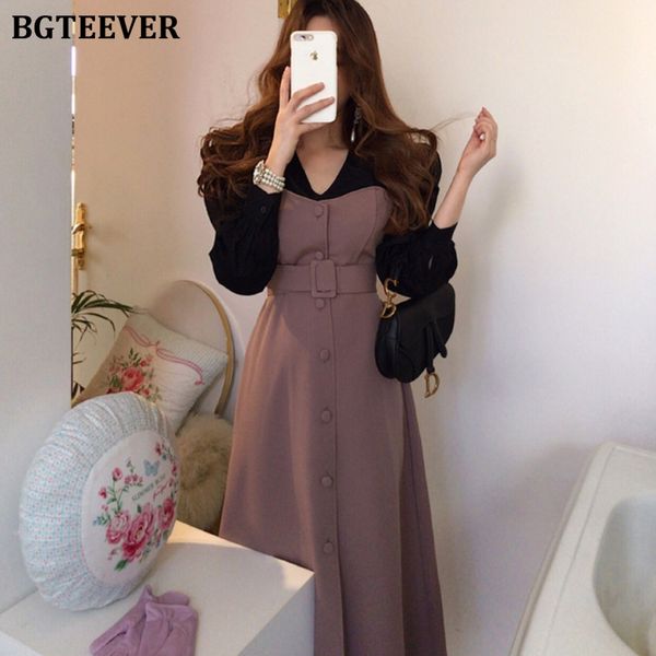 

bgteever elegant v-neck patchwork belted women dress long sleeve single-breasted split female a-line long dress vestidos femme, Black;gray