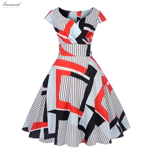 

woman pleated dresses fashion dress vintage short sleeve party dress 1950s 2019 v neck printing elegant robe femme designer clothes, Black;gray