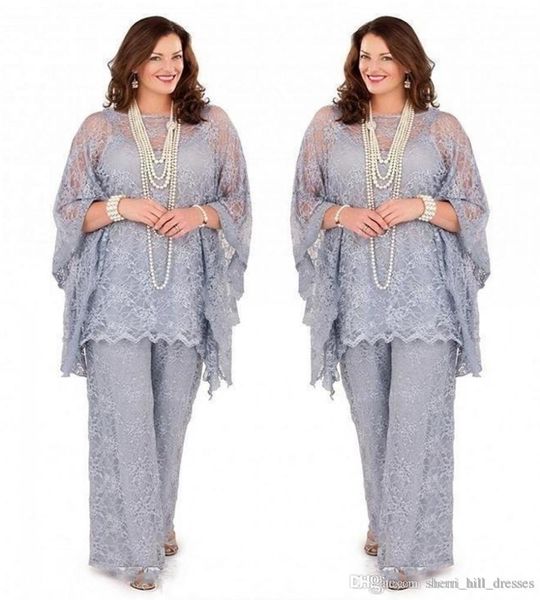 

custom made plus size mother of the bride pant suits long sleeves three pieces silver gray formal women groom lace mother dresses, Black;red