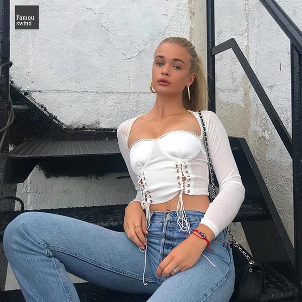 

t shirt square coller long sleeve high women street petal sleeve bandage crop black t shirt women, White