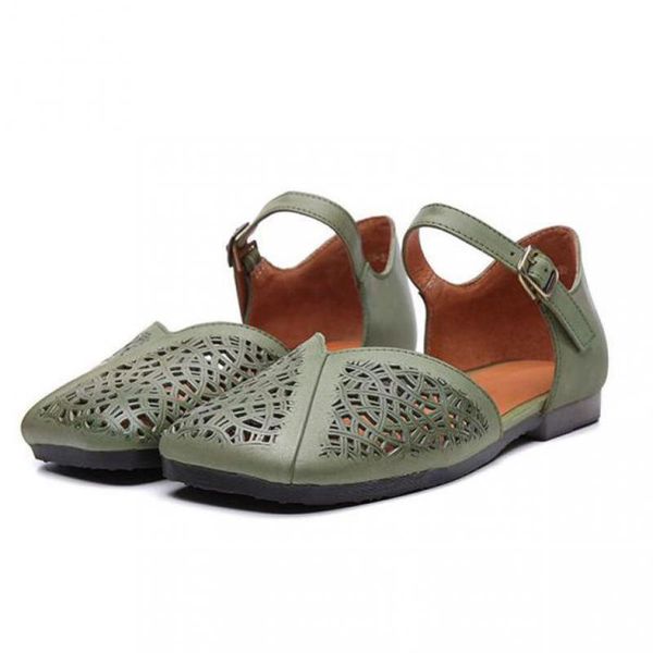 

yourseason genuine leather retro hollow casual women shoes buckle strap sewing flat with concise female ankle wrap work sandals, Black