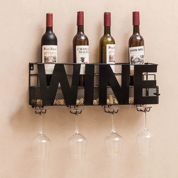 

wall mounted metal wine rack 4 long stem glass holder wine cork storage 58x12x22cm