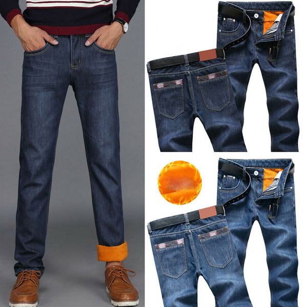 

newly 2019 men winter thermal straight jeans fleece lined denim long pants casual warm trousers for office travel casual jeans, Blue