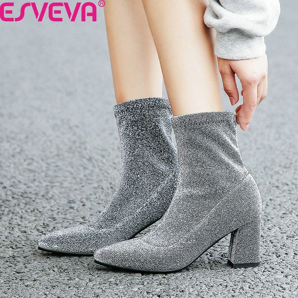 

esveva 2020 new autumn winter stretch flock pointed toe women shoes fashion square heel slip on ankle boots big size 34-43, Black