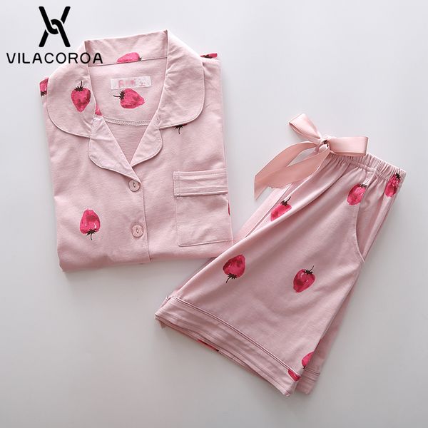 

vilacoroa 2018 cute strawberry print short sleeve blouse & shorts pajama set pink turn down collar cute sleepwear with button, Black;red