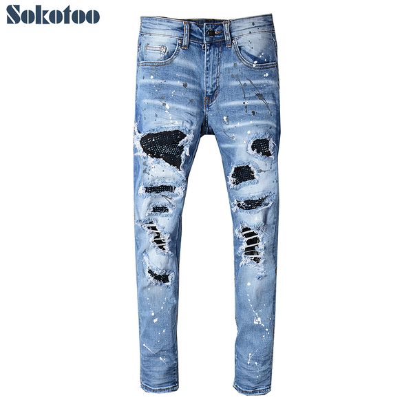 

sokotoo men's rhinestone crystal patchwork light blue ripped jeans slim fit skinny stretch denim pants