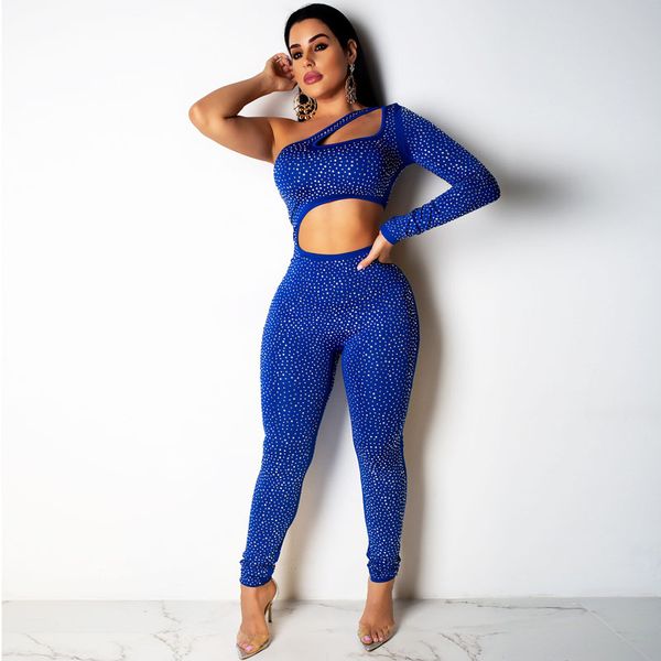 

evening party luxury diamonds jumpsuits one shoulder long sleeves romper casual shining jumpsuit women club skinny jumpsuit, Black;white