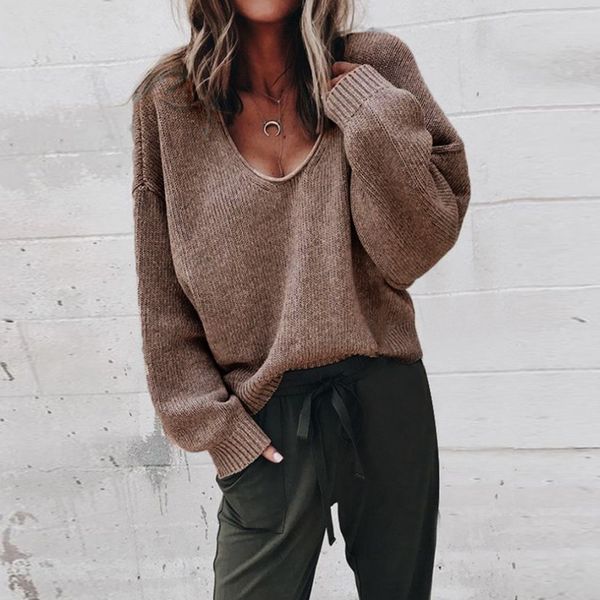 

v neck long sleeve pullovers autumn winter fashion women's sweater 2019 women casual knitted sweater loose solid women jumper, White;black