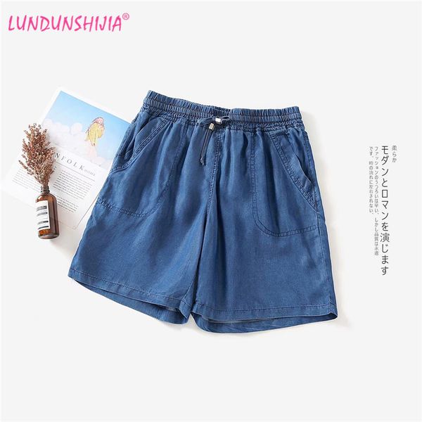 

lundunshijia 2020 summer women high waist shorts women blue tencel cowboy jeans short pants plus size s-3xl, White;black