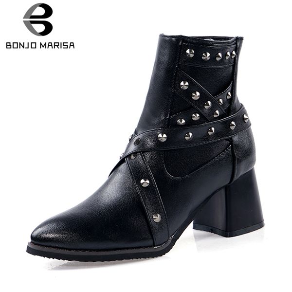

bonjomarisa new plus size 32-48 cool retro motorcycle boots women 2019 winter fashion black rivet booties high heels shoes woman