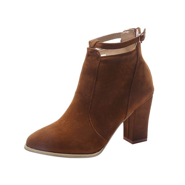 

hollow ankle boots for women flcok ponited toe square heelhigh heels boots buckle strap flock winter botas de mujer #0820, Black