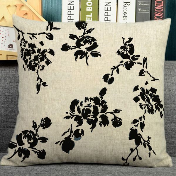 

simple black flower printed cozy couch cushion home decorative pillows 45x45cm cotton linen pillowcase seat back cushions qx-n5