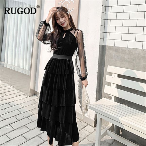 

rugod elegant pleuche ruffle pleated cake dress women long dress 2019 spring casual lace mesh perspective maxi dress vestidos, Black;gray