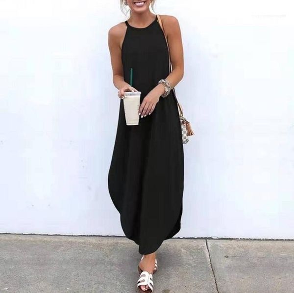 

apparel womens summer designer maxi dresses solid color trumpet halter female clothing casual apparel fashion casual, Black;gray