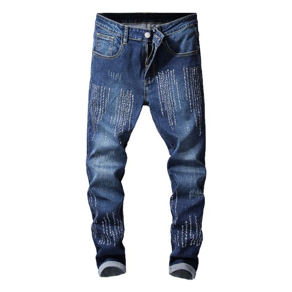 

men's fashion embroidered jeans pants washed scratched denim trousers with letter embroidered blue straight size 28-38
