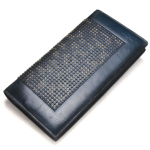 

women's leather wallet long oil wax leather studded clutch casual wallet, Red;black