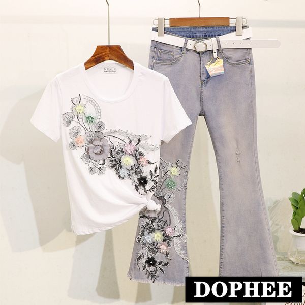 

2019 summer new arrival flower embroidered beaded short-sleeved t-shirt + hole ripped jeans sets women's two piece suits, White