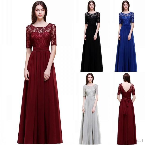 

babyonlinedress navy blue short sleeve lace evening dress 2020 open v back chiffon evening gowns wholesale long party dresses cps522, Black;red