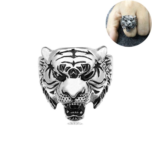 

men's fashion stainless steel punk gothic vintage ring new personality jewelry accessories tiger head titanium steel ring, Golden;silver