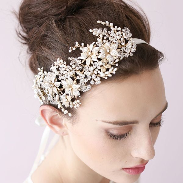

handmade flower head pieces luxury crystal wedding hair band pearl bridal headbands bride hair vine for women accessories, White;golden