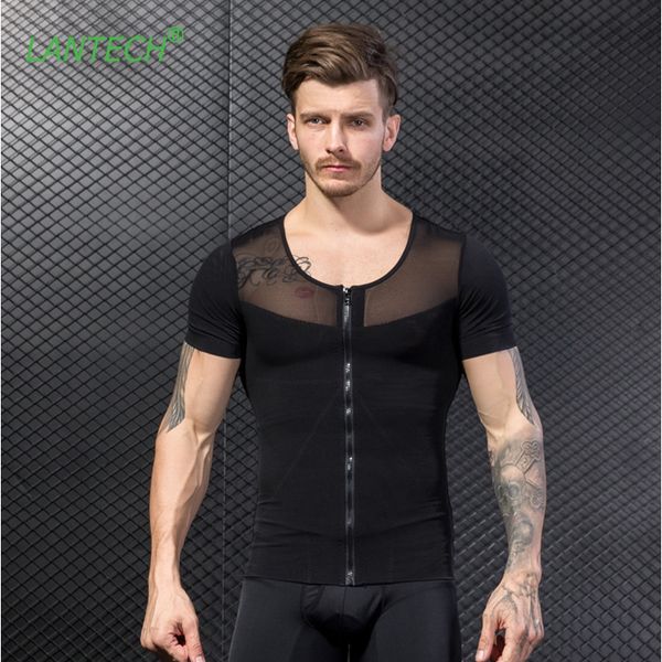 

lantech men stomach shapers bodybuilding shirt sports sportswear fitness running gym run compression tights mesh zipper elastic, Black;blue