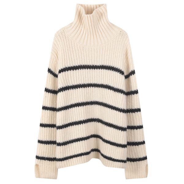

women's sweater 2019 early winter new high-neck sweater loose hooded long black and white striped thick sweater size s-l, White;black