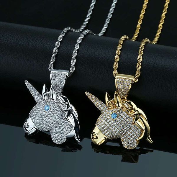 

hip hop unicorn pendant necklaces for men women luxury crystal animal pendants 18k gold plated copper zircons necklace jewelry gift 2 colors, Silver