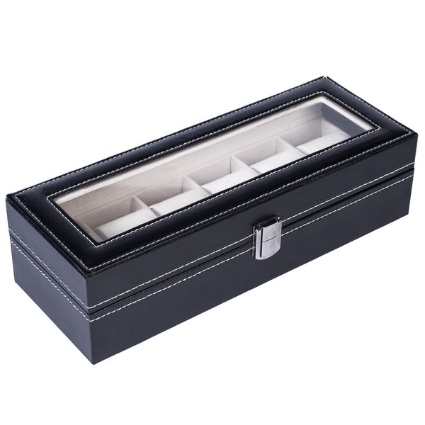 

luxury 6 compartments high-grade leather watch collection storage box black color fast shipping only in usa stock, Black;blue