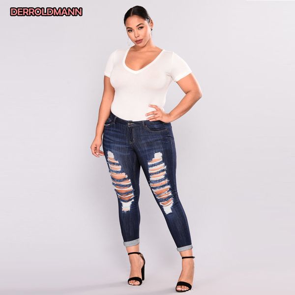 

plus size summer elastic jeans broken pants torn denim hollow out cotton ripped pants boyfriend jeans for women, Blue
