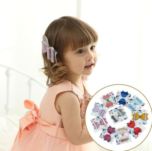 

60pcs 4.5''double glitter bow hair glitter big hairpin cute pu leather hairpin modish girls prince hair clip bowk, Slivery;white