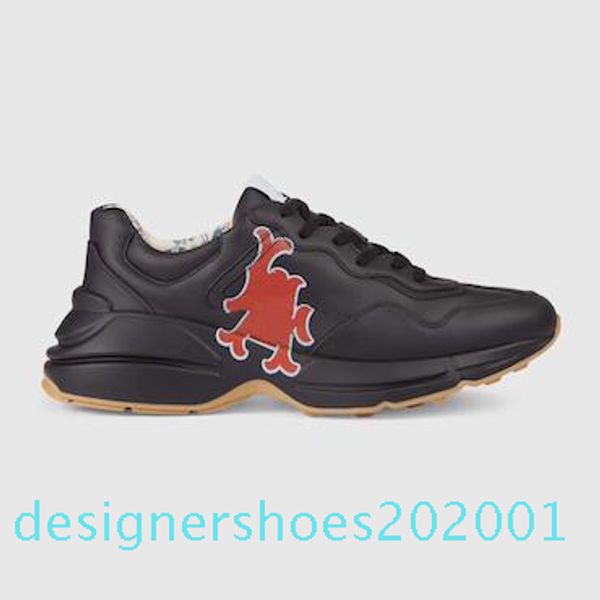 

mens rhyton casual shoes dad sneaker paris fashion luxury designer women shoe platform sports strawberry wave mouth tiger web print d01, Black