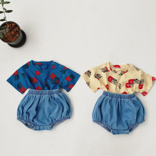 

2020 new newborn baby girls clothing sets summer toddler girls suit cartoon printed t-shirt+cowboy pp shorts baby clothes, White