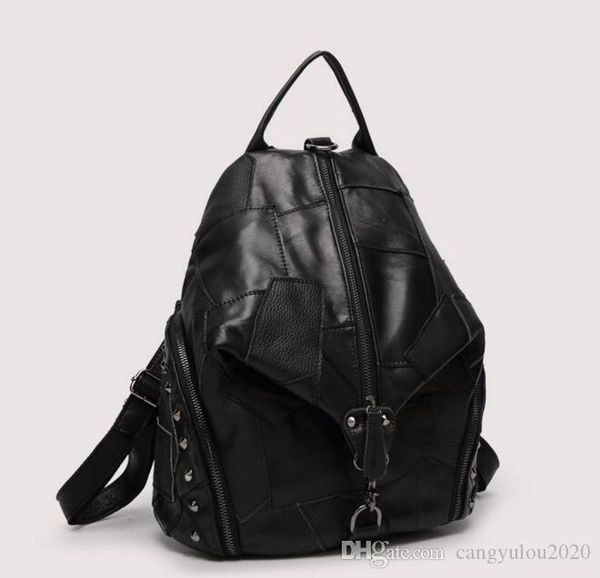 

new fashion splicing punk color collision backpack women travel knapsack ladies black genuine leather cowhide bag high quality
