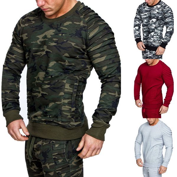 

2019 casual pleated mens autumn hoodies camouflage printed pullovers hooded sweatshirt men o-neck long sleeve hoodies streetwear, Black