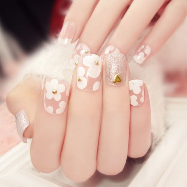

24pcs/set full cover square head false nails simple fake nails flower printing artificial nail art tips with glue, Red;gold