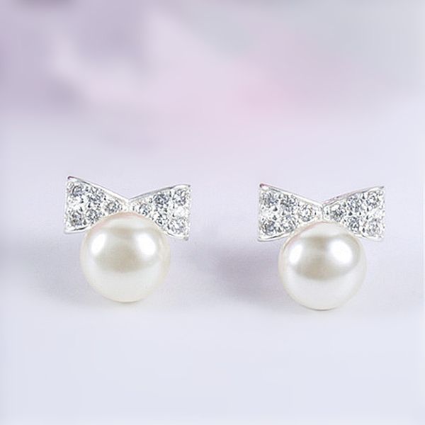 

sweet silver color cubic zircon crystal bow stud earrings simulated pearl earring for women lady wedding party jewelry, Golden;silver