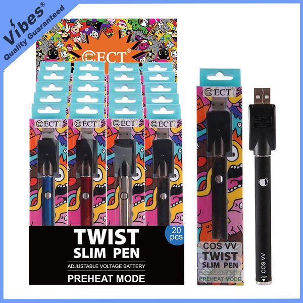 

100% Аутентичные ECT COS VV Twist Slim Pen 380 мАч Разогрев Vape Аккумулятор 510 Напряжение резьбы с переменным током Batt Fit TKO картриджи VS OOZE