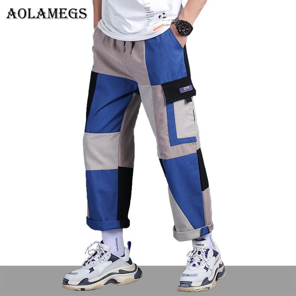 

aolamegs pants men block patchwork track pants male fashion trousers pencil elastic waist hip hop joggers sweatpants streetwear, Black
