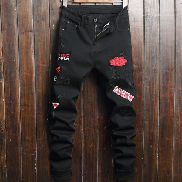 

trousers trend tight black gentleman pants men embroidery flower slim jeans straight little feet male, Blue