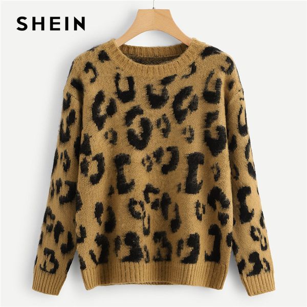 

shein multicolor highstreet elegant leopard print fuzzy round neck pullovers jumper 2018 autumn casual campus women sweaters, White;black