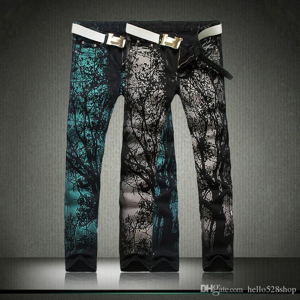 

fashion painted jeans korean version of slim small straight trousers personalized printing jeans pants for men, Blue