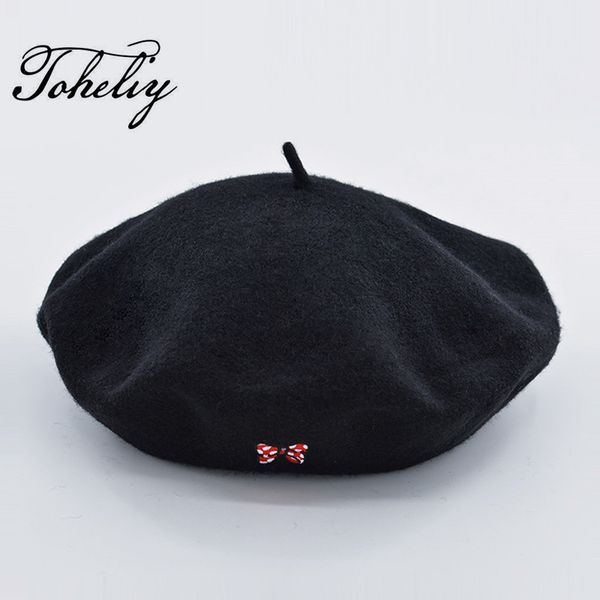 

2018 new style spring the bowknot embroidery wool beret keep warm women beret for sweet girl gift autumn and winter hats, Blue;gray