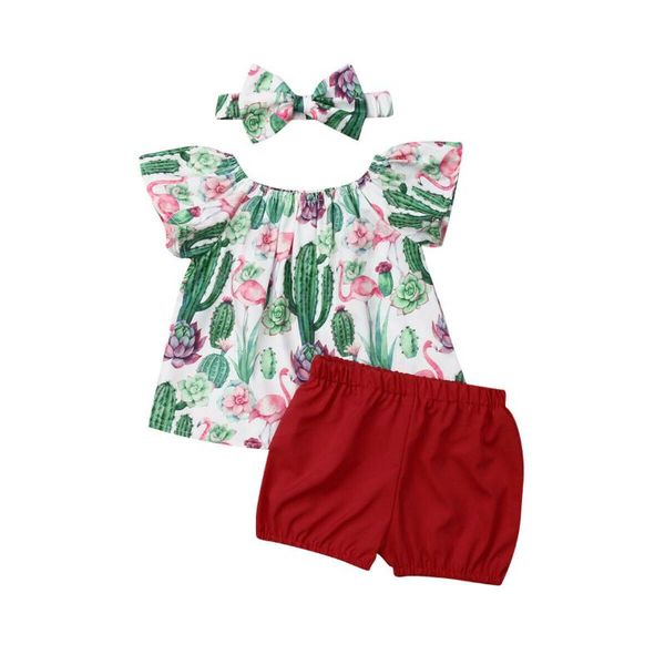 

2019 new summer baby girl clothes sets cactus tutu shorts headband 3pcs floral clothes outfits set, White
