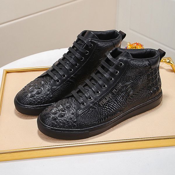 

leather men's shoes europe and the united states big luxury winter plus velvet warm high shoes fashion wild casual shoe tide, Black