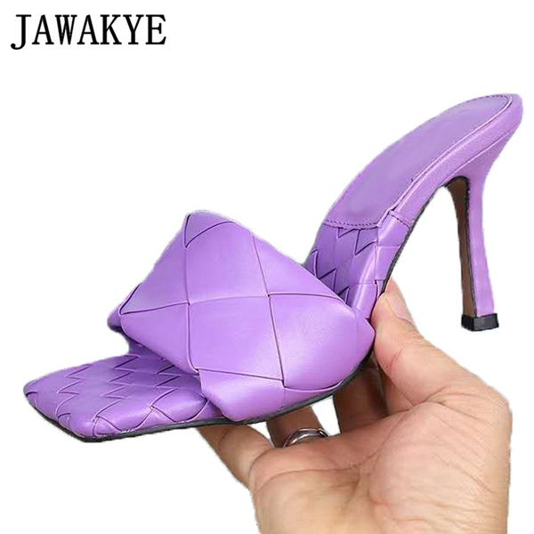 

purple woven leather high heeled sandals women slippers square toe lido summer shoes genuine leather casual party runway shoes, Black