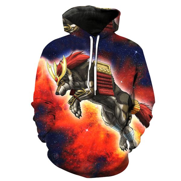 

wolf god printing hat pocket turtleneck men's tide hat men's wear, Black