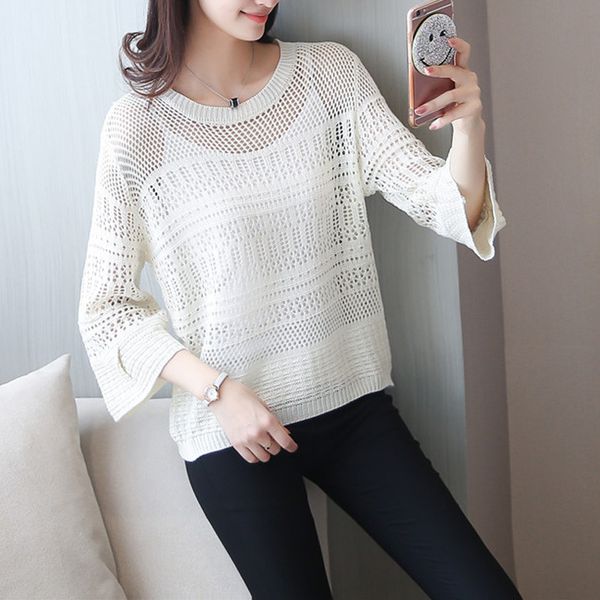 

women's sweaters summer round neck hollow blouse thin pullover short knit loose large size net shirt bat air conditioning, White;black